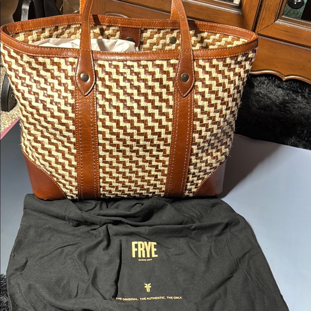 Frye Brown and Cream Woven Tote Bag with Detachable Clutch
